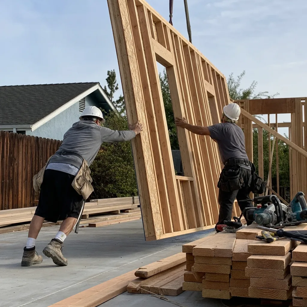 Two contractors positioning a large wood wall frame for ADU construction