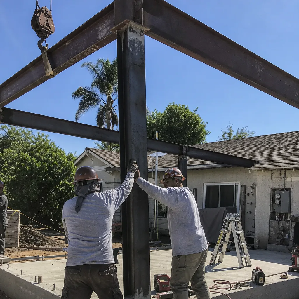 Two construction workers installing steel beams for an ADU project