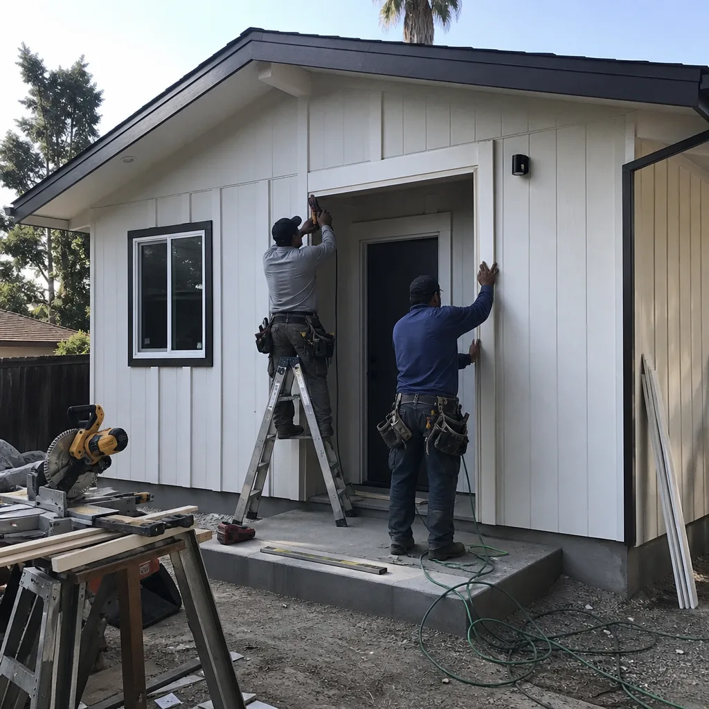 Two professional builders installing door trim on a white ADU structure.