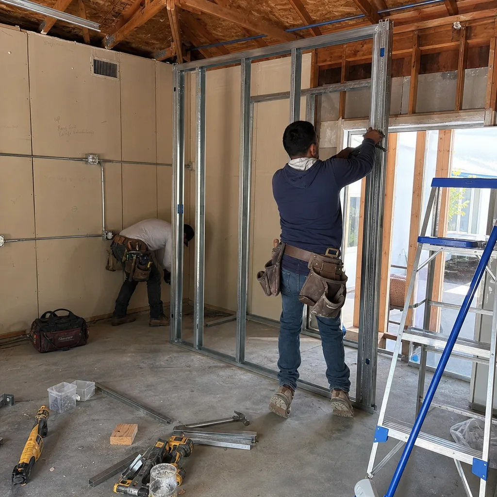 Contractors installing metal wall framing during a garage conversion.