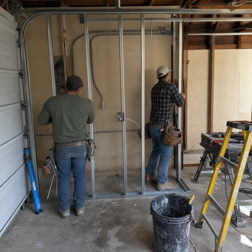 Contractors installing metal wall framing during a professional garage conversion project