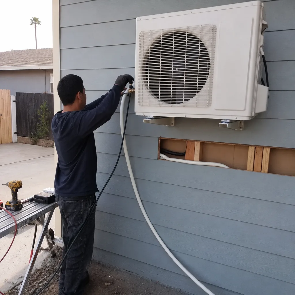 Contractor installing outdoor mini-split unit on a garage conversion exterior