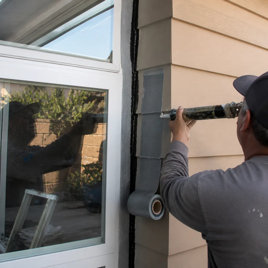 Contractor applying sealant to home addition window trim