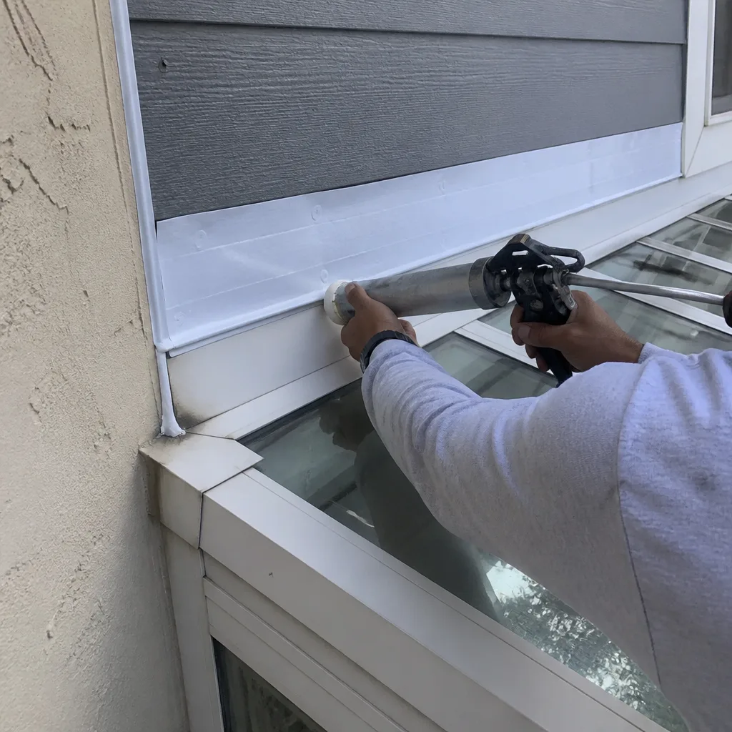 contractor applying sealant to exterior home addition window frame