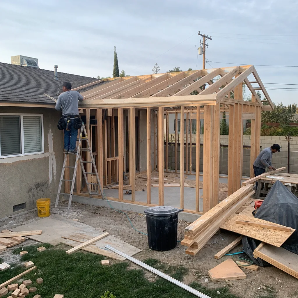 Contractors building a wooden home addition frame in a residential backyard